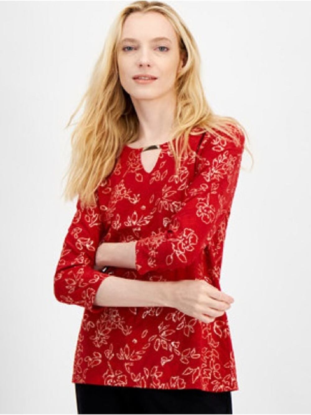 NEW Macy’s JM Collection Red Glitter Jacquard 3/4 Sleeve Top - Size L